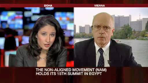 Al Jazeera TV, Inside Story, 15 July 2009 -- 15th Summit of the Non-aligned Movement (NAM) in Sharm el-Sheikh, Egypt -- Hans Köchler interviewed by Maryam Nemazee